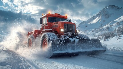 Obraz premium A red snow plow truck clears snow from a mountain road, with a dramatic snowy background.