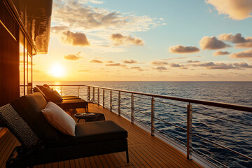 Private balcony with cushioned lounge chairs on a cruise ship, facing a sunset ocean view, cruise ship balcony  ocean view  seating, sunset relaxation