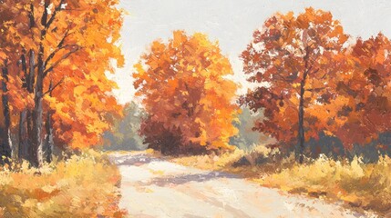 A vibrant autumn scene with trees in shades of orange, red, and yellow lining a quiet road