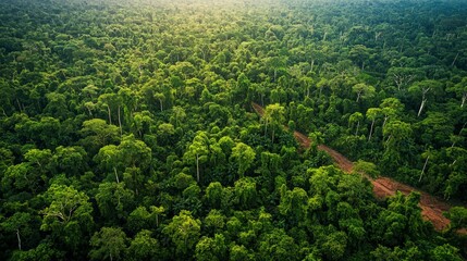 Fototapeta premium A lush green forest with a dirt road running through it