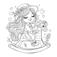 Obraz premium Cute girl with long hair and a hat rides a rocking horse. Coloring page for children and adults. Art therapy. Black and white illustration for coloring.