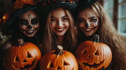 Fototapeta premium Halloween Celebrations with Witches and Pumpkins in an Autumn Forest Setting
