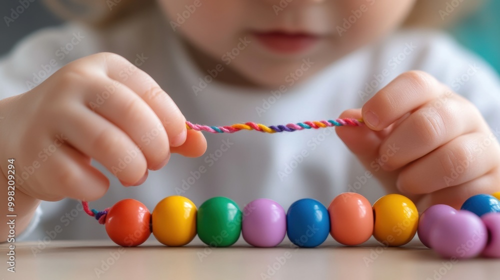 Poster a close up of a child playing with beads on string, ai