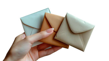 Collection of hands holding textured envelopes in neutral tones