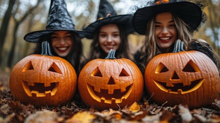 Fototapeta premium Halloween Celebrations with Witches and Pumpkins in an Autumn Forest Setting