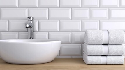 Fototapeta premium A bathroom sink with white tiled walls and towels on the counter, AI