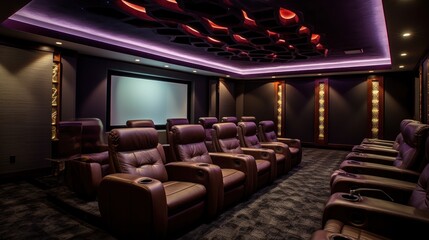 A modern home theater with plush reclining seats, ambient LED lighting, and a large projector screen is ideal for an immersive movie-watching experience in the comfort of your home.