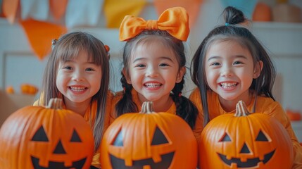 Fototapeta premium Halloween Celebrations with Witches and Pumpkins in an Autumn Forest Setting