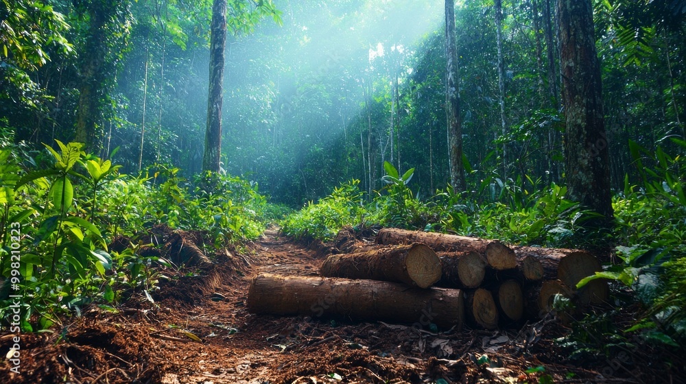 Poster a forest with a path and a pile of logs