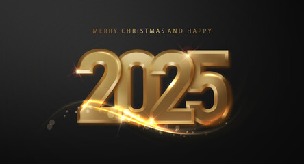 2025 New Year and Merry Christmas banner. Golden 3D realistic metal number and shiny gold wave design, radiating elegance and celebration.