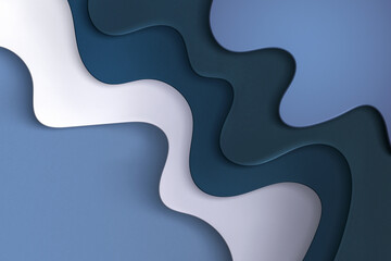 A backdrop with a 3D papercut look, featuring geometric waves with a liquid texture and a gradient from light to dark blue, evoking a stylized sea
