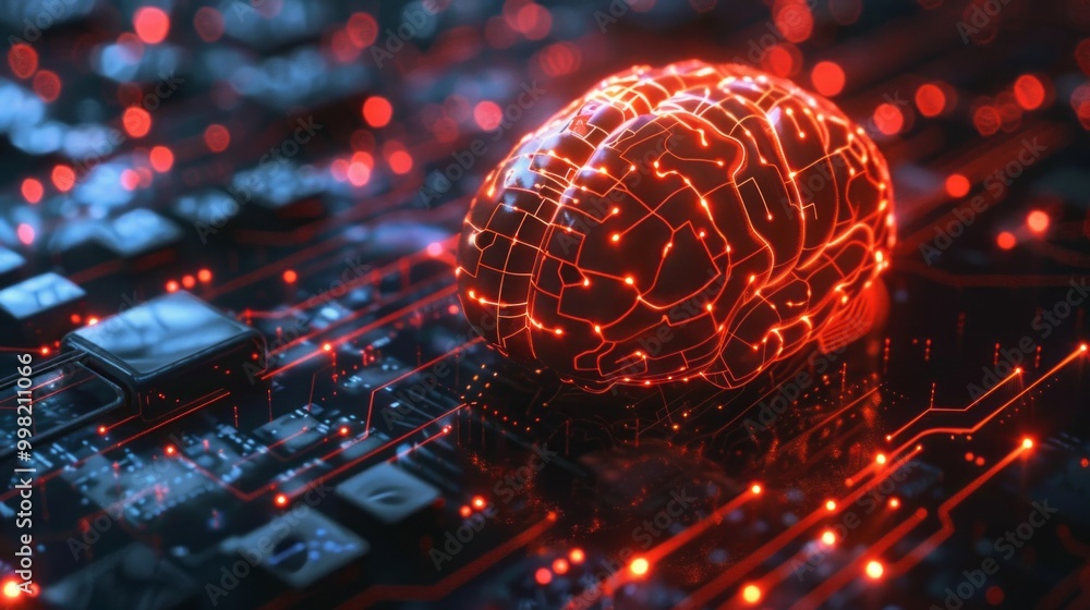 Poster A brain is shown on a circuit board with a red glow