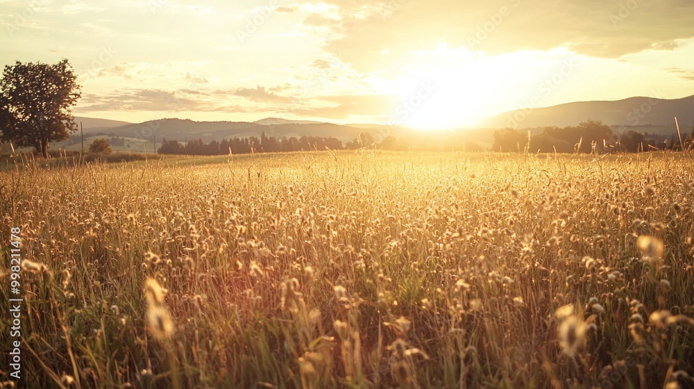 Poster a field of tall grass with a tree in the background