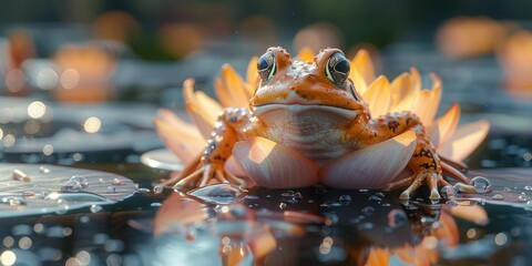 A frog sitting on a lily pad in a pond