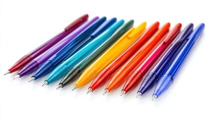Fototapeta premium A set of ballpoint pens in various colors, isolated on a white background