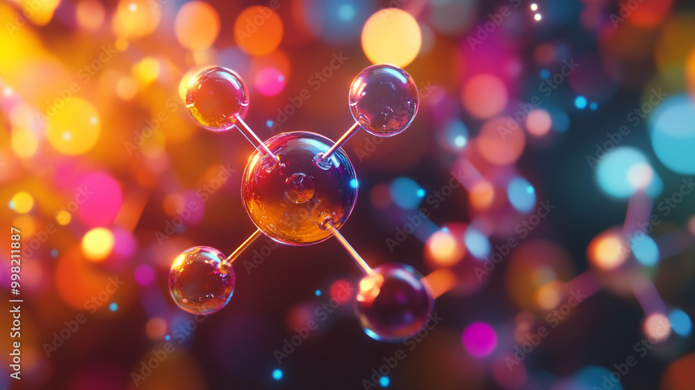 Poster vibrant background with a colorful molecular structure and blurred lights in a lab setting