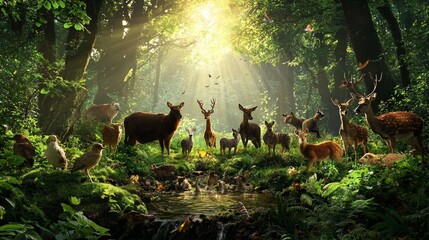 Naklejka premium A forest scene with many deer and birds