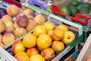 Brightly colored crates overflow with juicy peaches and smooth avocados as shoppers wander through the bustling market on a warm afternoon, enjoying nature's bounty.