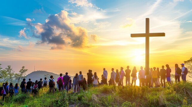 People gather at sunrise on a mountain with jesus for spiritual teaching and gospel worship