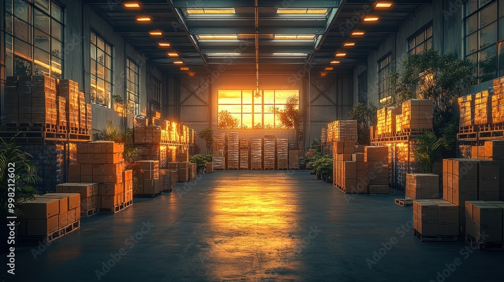 Sticker A spacious warehouse with large windows and a view of the setting sun. Boxes are stacked high on shelves. Plants are scattered throughout the warehouse.