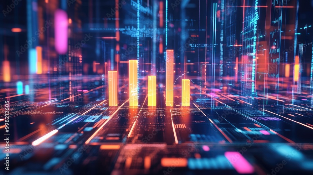 Poster a 3d bar graph with glowing bars on a futuristic digital interface, surrounded by holographic data p