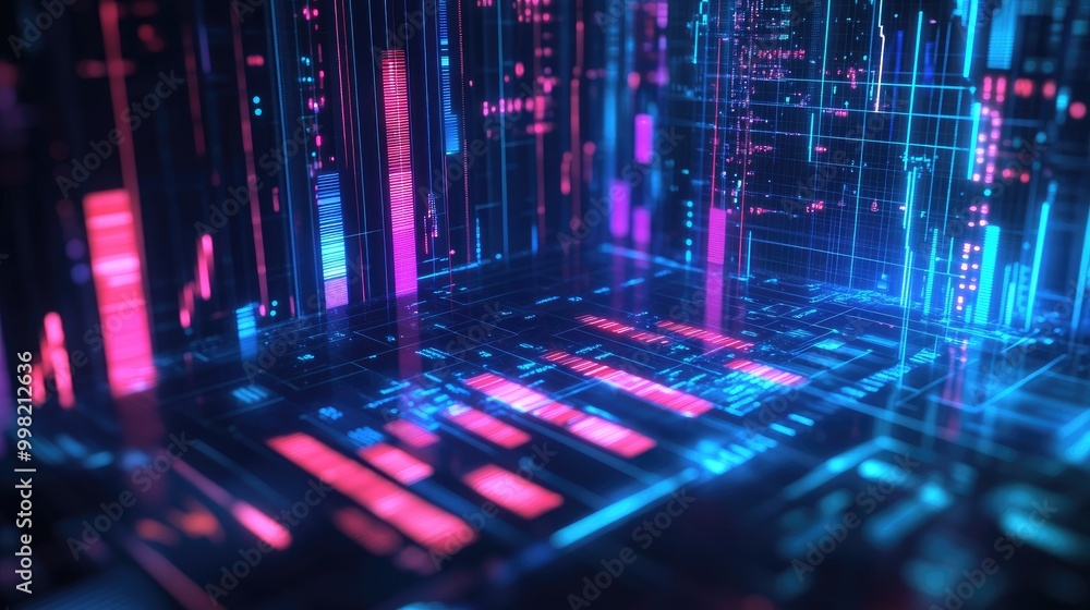 Poster a 3d bar graph with glowing bars on a futuristic digital interface, surrounded by holographic data p