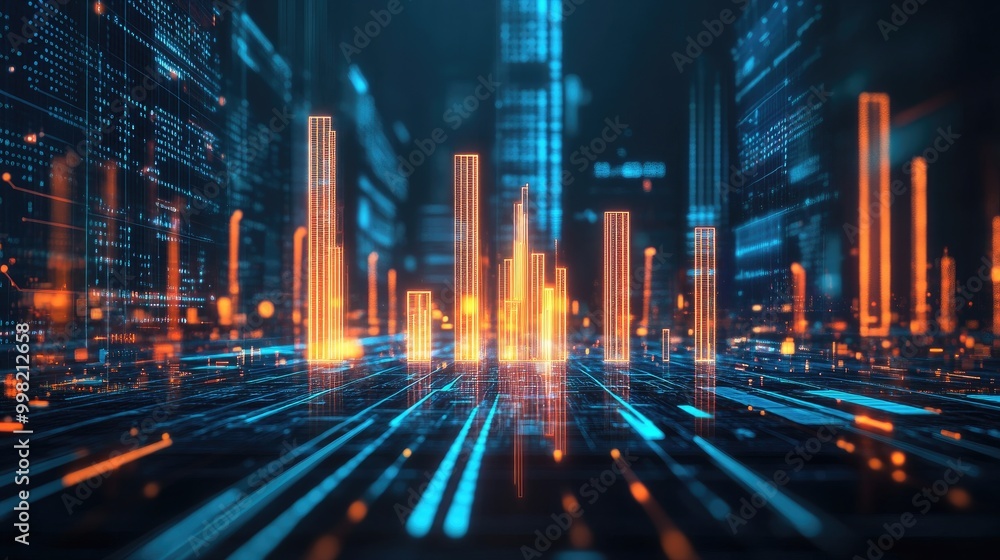 Poster A 3D bar graph with glowing bars on a futuristic digital interface, surrounded by holographic data points, representing advanced analytics and tech innovation