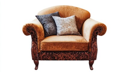 A cozy bedroom armchair with a decorative pillow, isolated on a white background