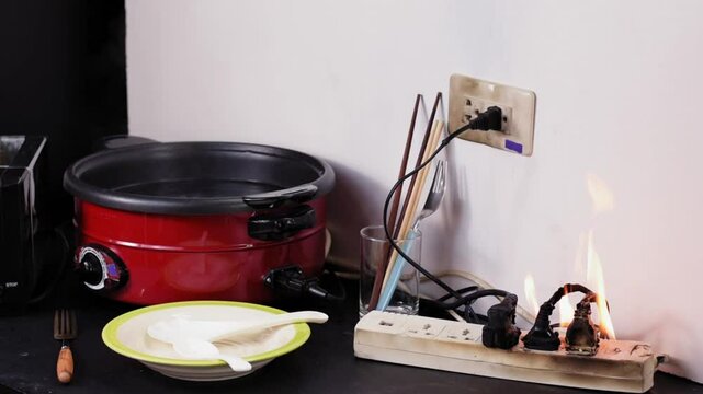 Video of an electrical short circuit from cooking with an electric pan. Using too much electricity and damaged equipment causes a fire.