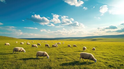 Obraz premium A flock of sheep grazing in a wide, open field, basking in the sunshine on a beautiful clear day, with green grass stretching into the horizon.