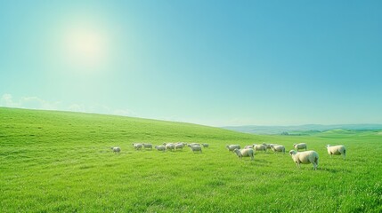 A flock of sheep scattered across a sunny green field, the bright, cloudless sky above emphasizing the peacefulness of the rural landscape.