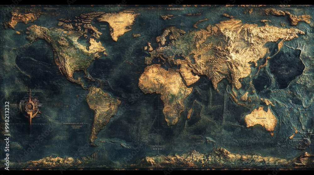 Poster a large map of the world with a compass on the left side