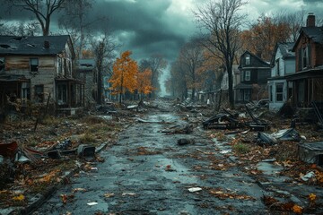 A storm-torn neighborhood, showcasing fallen trees scattered across the streets. Generative AI