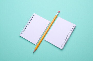Blank white spiral notebooks with pencil on mint green background