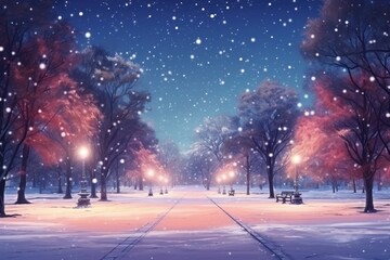 Magical Christmas background with winter park and shining lights. Fairytale abstract illustration style.
