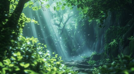 Obraz premium Sunbeams illuminate a lush forest path with a stream running through it.