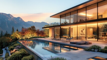 Fototapeta premium A gorgeous luxury home with floor-to-ceiling glass windows, a picturesque garden, and a contemporary pool, glowing in the warm hues of sunset, with a mountain range backdrop.