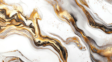Abstract golden rivers with black patches on a white background. Space background. A scattering of golden stars. Magnificent golden rivers in white milk