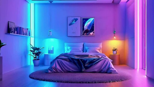 a bed  and  a rug  in a room with  neon lights