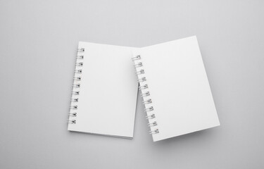 Two white blank spiral notebooks on gray background