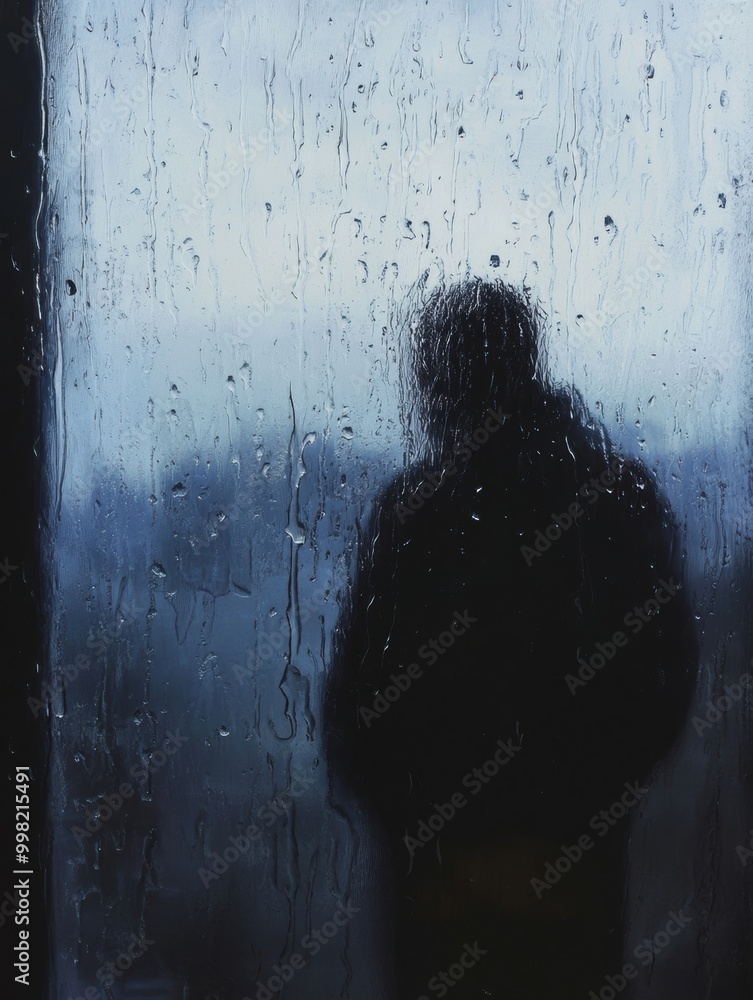 Poster a lone person stares out a rain-covered window, reflecting a mood of introspection amidst the blues 