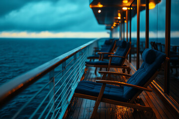 Elegant balcony on a cruise ship with heated seating, capturing the breathtaking view of a misty coastline, cruise ship balcony  luxury  scenery, misty morning retreat