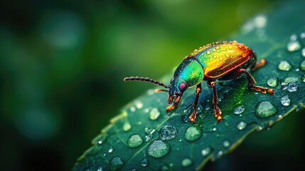 Fototapeta premium A beetle with iridescent colors sitting on a wet leaf after rain, with droplets reflecting the light, creating a fresh and vibrant nature scene.