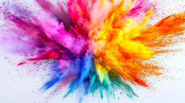 A bright splash of powdery colors in the air on a white background. The colors are bright, saturated, creating a feeling of energy and excitement. The concept is a manifestation of creativity