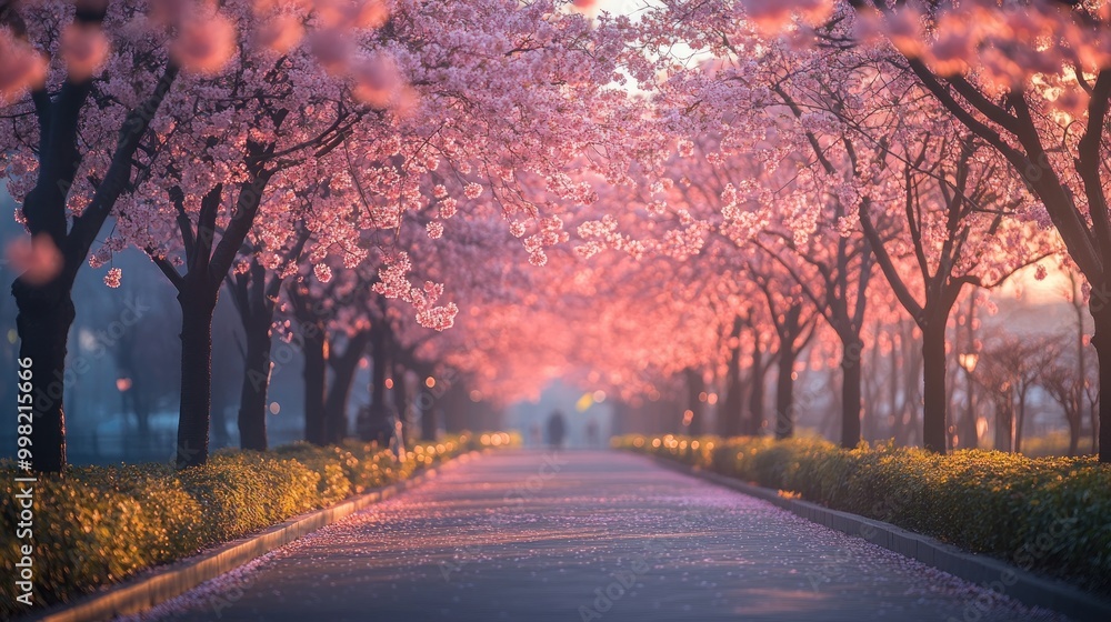 Wall mural A scenic pathway lined with blooming cherry blossom trees, bathed in the soft glow of a sunrise.