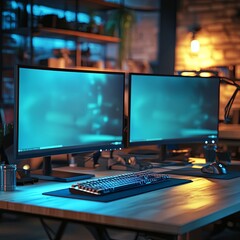 Fototapeta premium Computer input devices laying on table in front of two blank monitors. Professional computer game playing, esport business and online world concept.