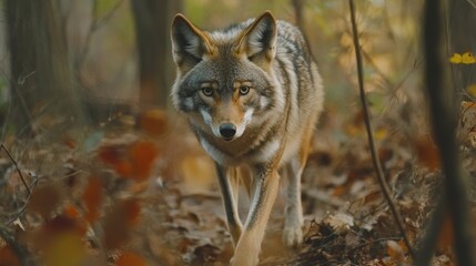 Obraz premium Coyote Walking Through Forest in Autumn Leaves