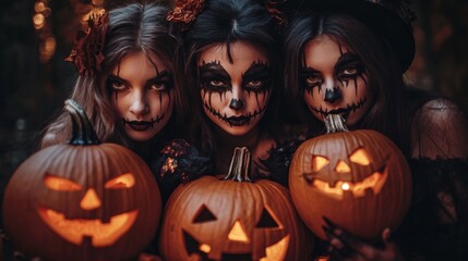 Fototapeta premium Halloween Celebrations with Witches and Pumpkins in an Autumn Forest Setting