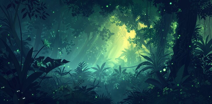 A misty, magical, forest with glowing fireflies and palm trees. - Powered by Adobe