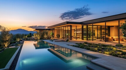 Obraz premium A luxurious home with glass walls, a modern swimming pool, and a well-manicured garden, illuminated by soft, warm lights at sunset, with mountains in the distance.